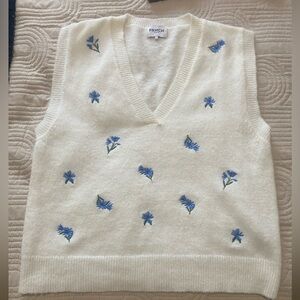 FRNCH V-Neck Sweater with Blue Floral Embroidery